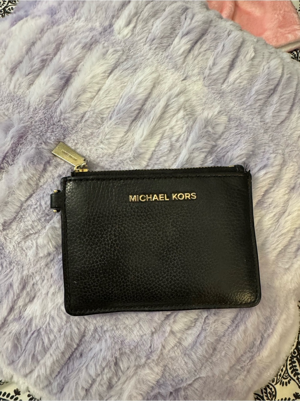 Michael Kors Black Leather Zip Card Pouch with Gold Logo